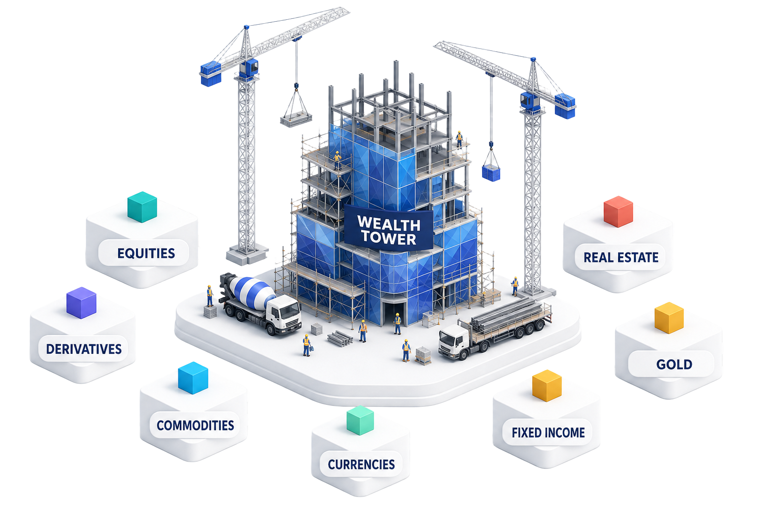 Illustration of a wealth tower under construction, with cranes, trucks and building blocks representing equities, derivatives, commodities and currencies building long-term wealth